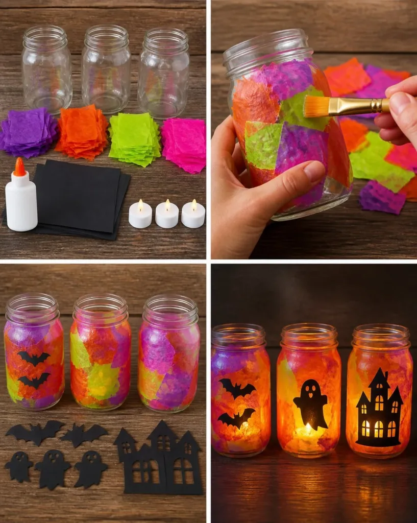 Colorful haunted mason jar lanterns for Halloween decoration