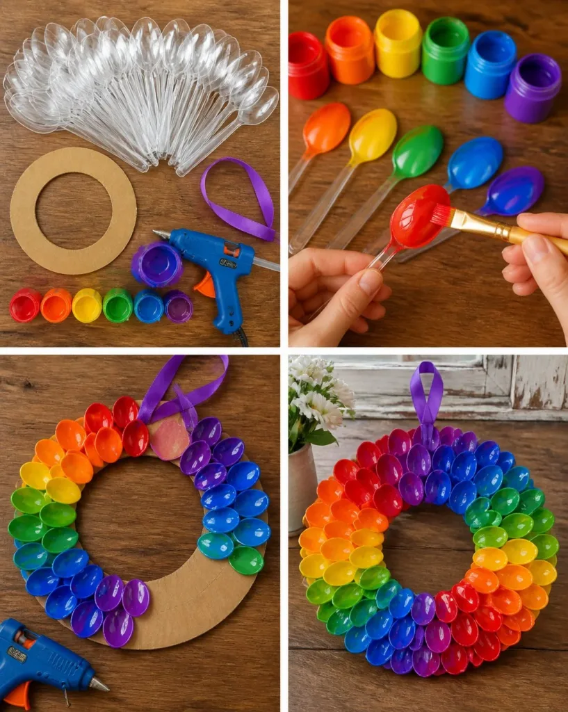 Colorful DIY rainbow spoon petal wreath for vibrant home decor