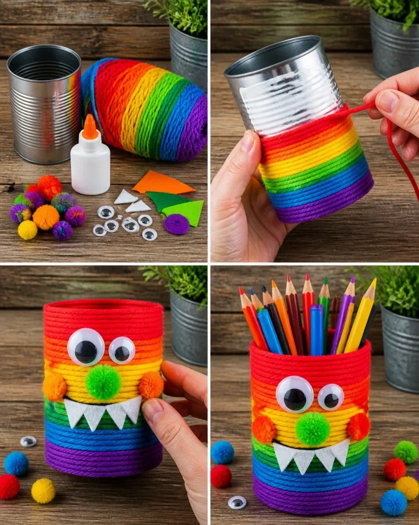 Colorful monster tin can pencil holder for kids' desks
