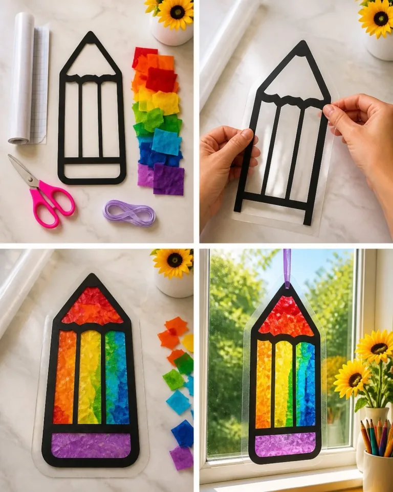 Home 33 Colorful pencil suncatcher hanging in a sunny window for back-to-school crafts
