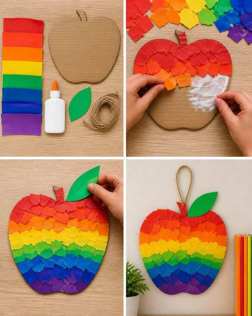 Colorful Rainbow Apple Mosaic craft for back-to-school projects.