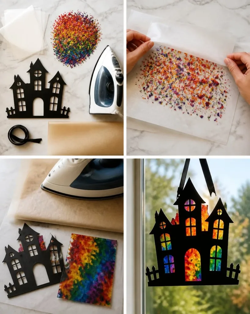 Colorful rainbow crayon haunted house suncatcher hanging in a window