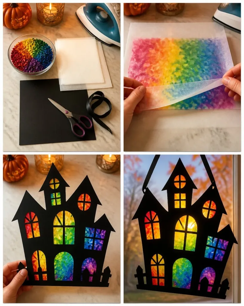 Colorful window decor featuring rainbow crayon designs for haunted house theme.