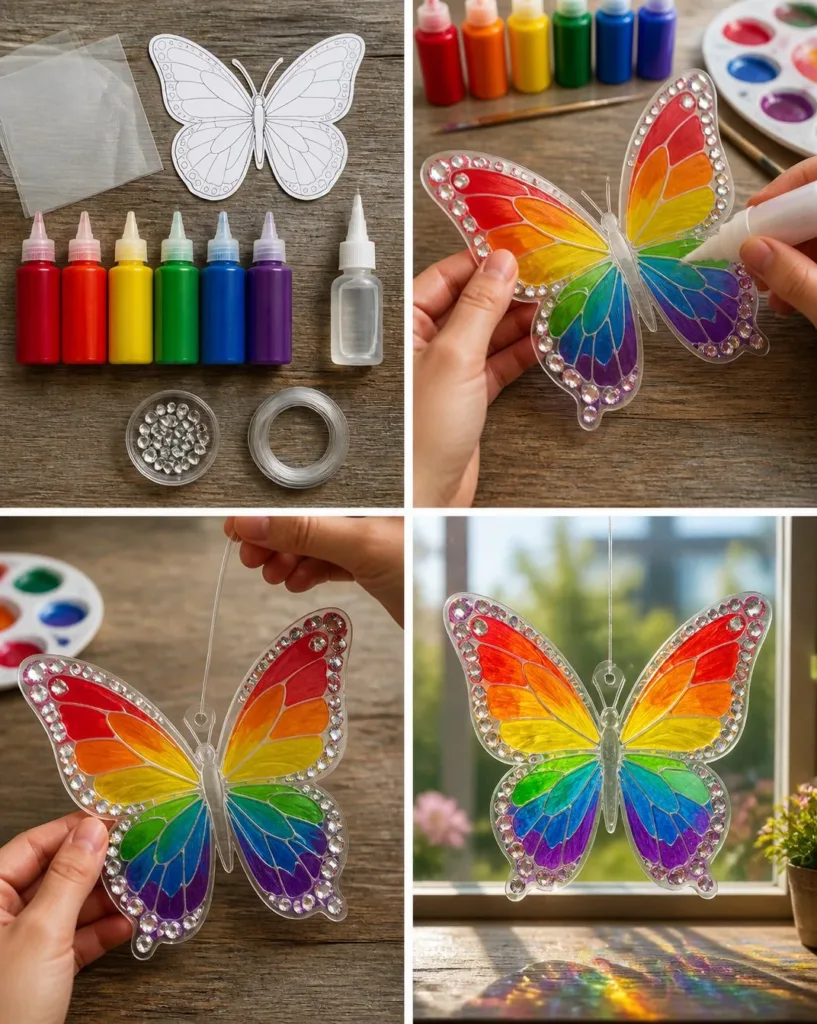 Colorful rainbow crystal butterfly suncatcher casting vibrant light patterns