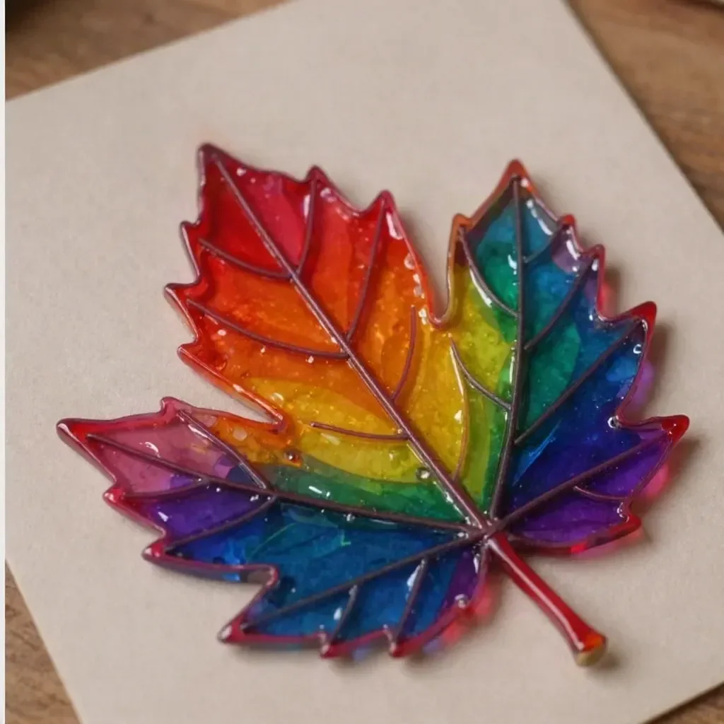 Colorful rainbow crystal leaf sun catcher hanging in a bright window.