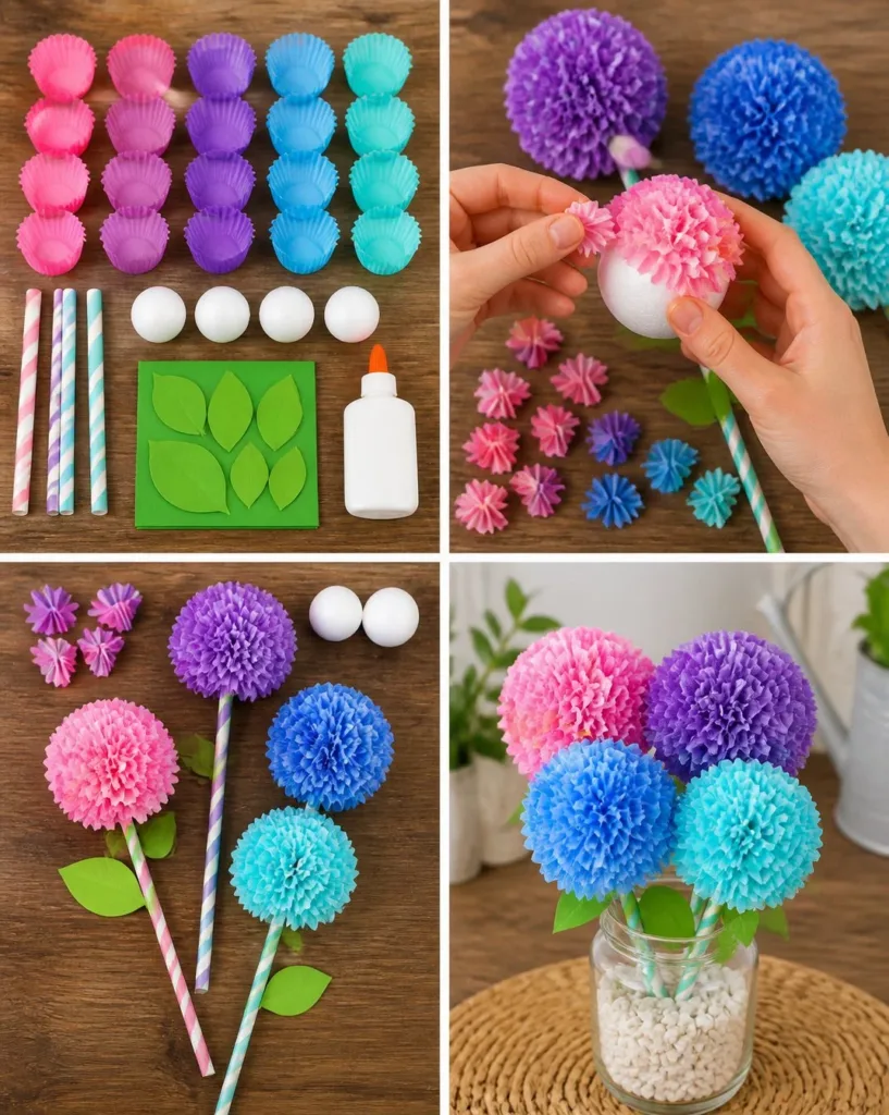 Colorful rainbow cupcake-liner hydrangeas blooming in a garden