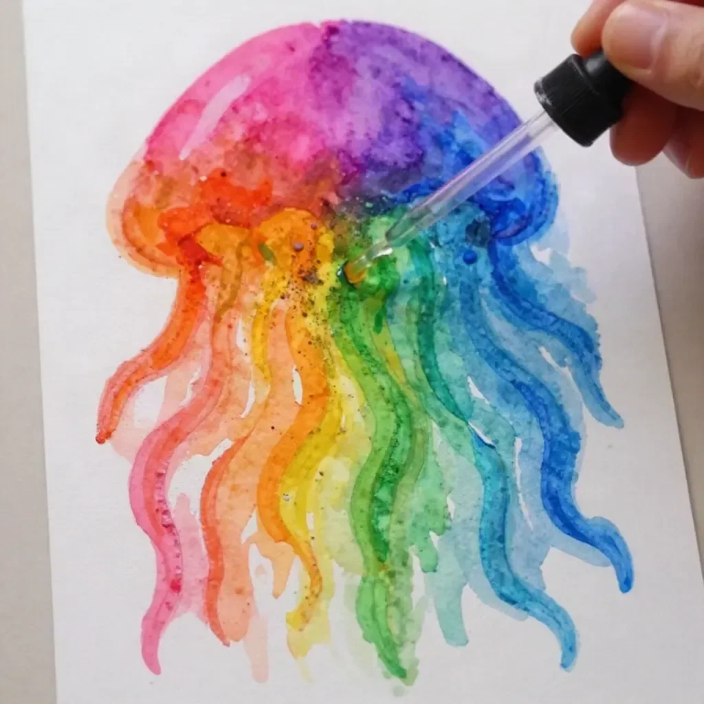 Colorful rainbow jellyfish salt art tutorial with vibrant hues and unique textures.