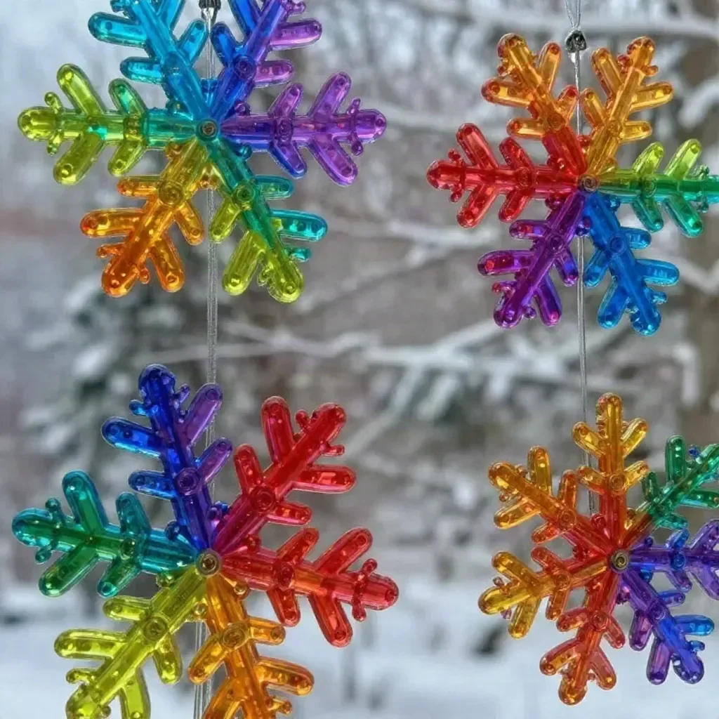 Colorful rainbow snowflake window clings for winter decoration