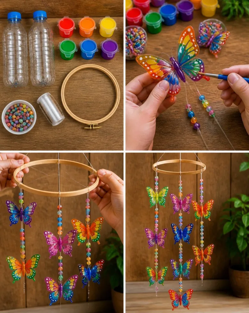 DIY butterfly mobile made from recycled bottles for eco-friendly decor