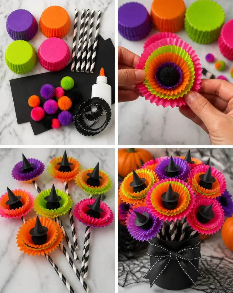 Colorful Halloween flower bouquet made from cupcake liners
