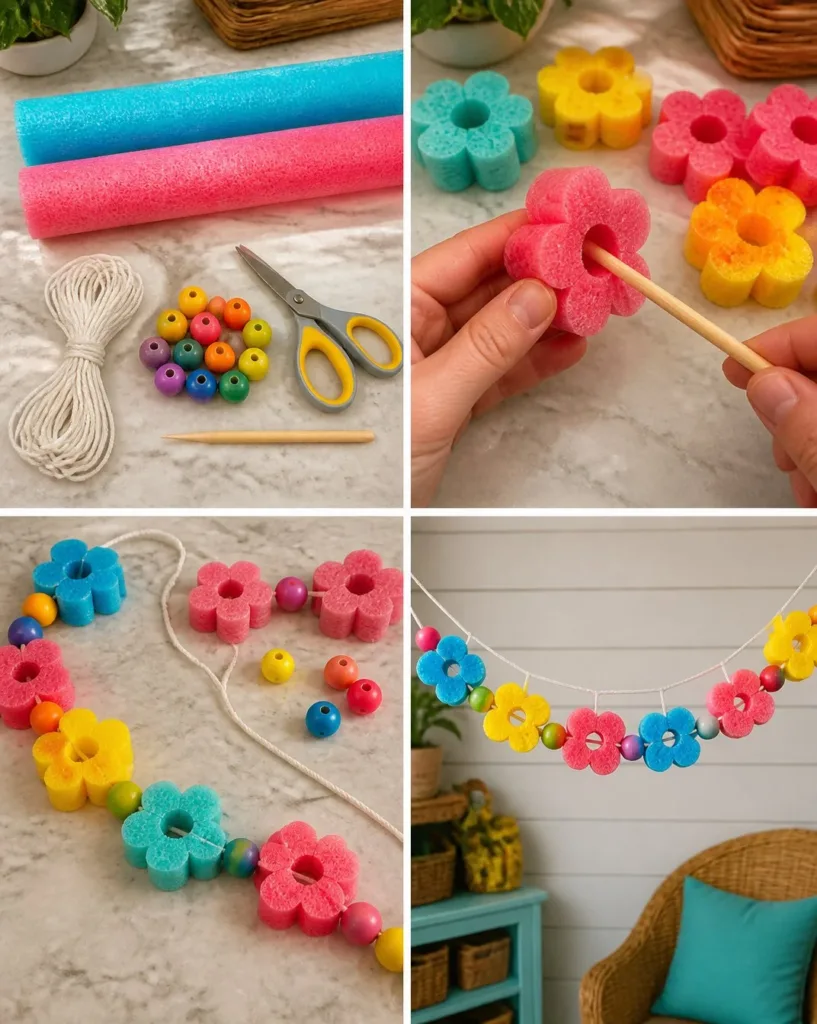 Colorful DIY pool noodle flower garland decoration