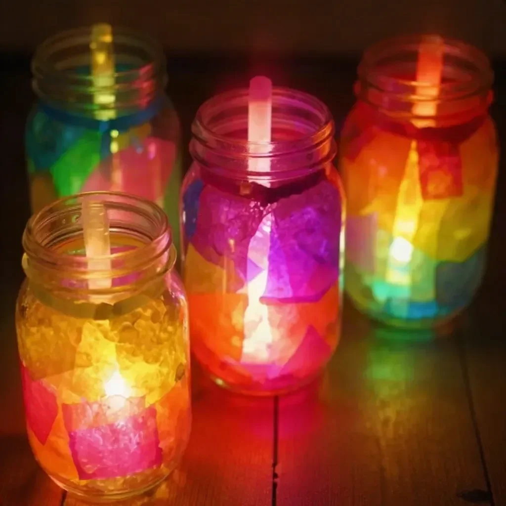 DIY mason jar lanterns illuminated with glow sticks for festive decor