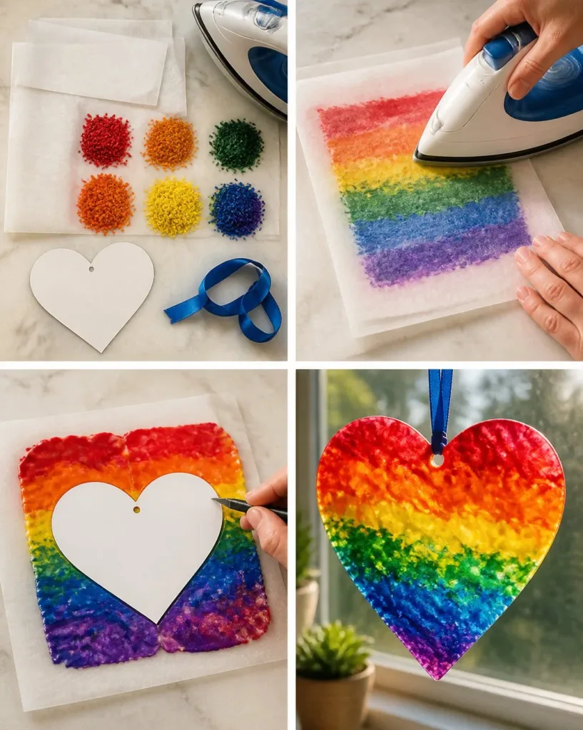 DIY melted crayon rainbow heart suncatcher tutorial project