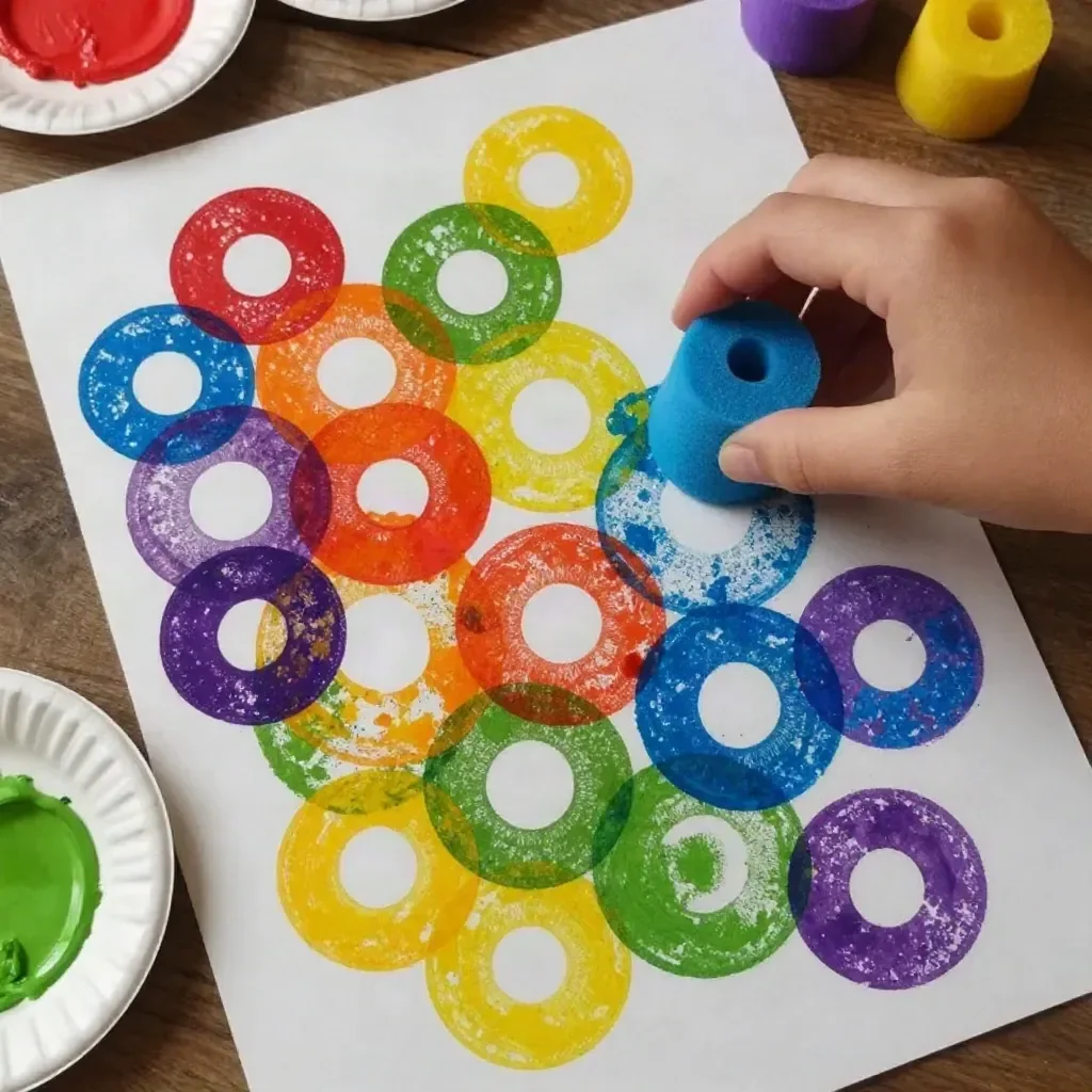 Kids enjoying a DIY pool noodle painting rainbow stamp activity.