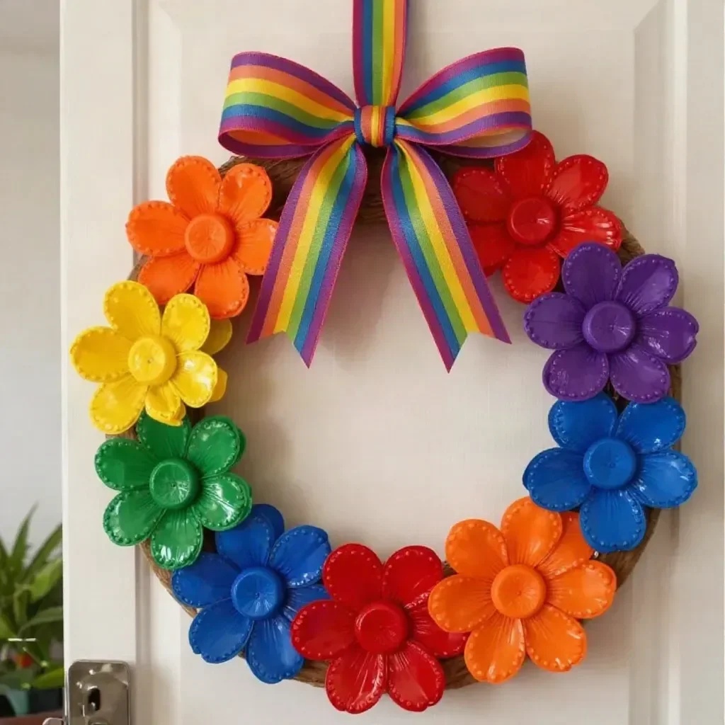 DIY rainbow bottle cap daisy wreath tutorial with vibrant colors and floral design