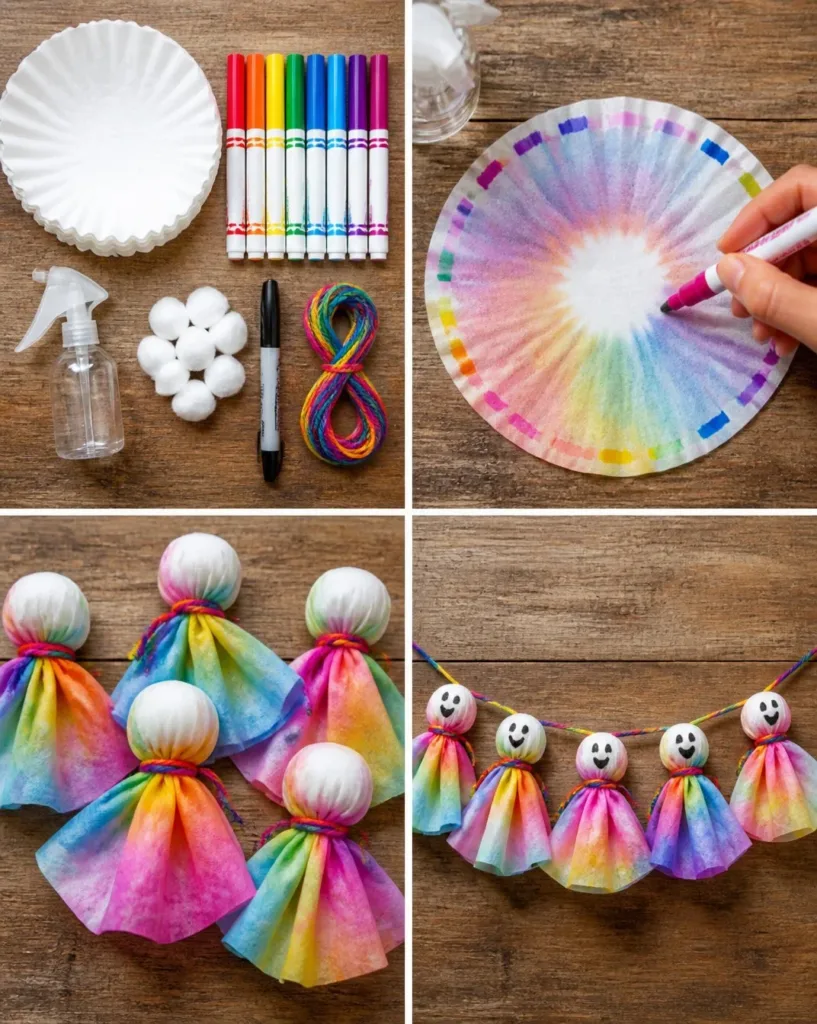 DIY Rainbow Coffee Filter Ghost Garland for Halloween decoration