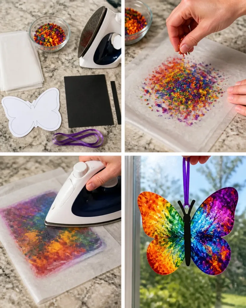DIY rainbow crayon butterfly suncatcher brightening a window.