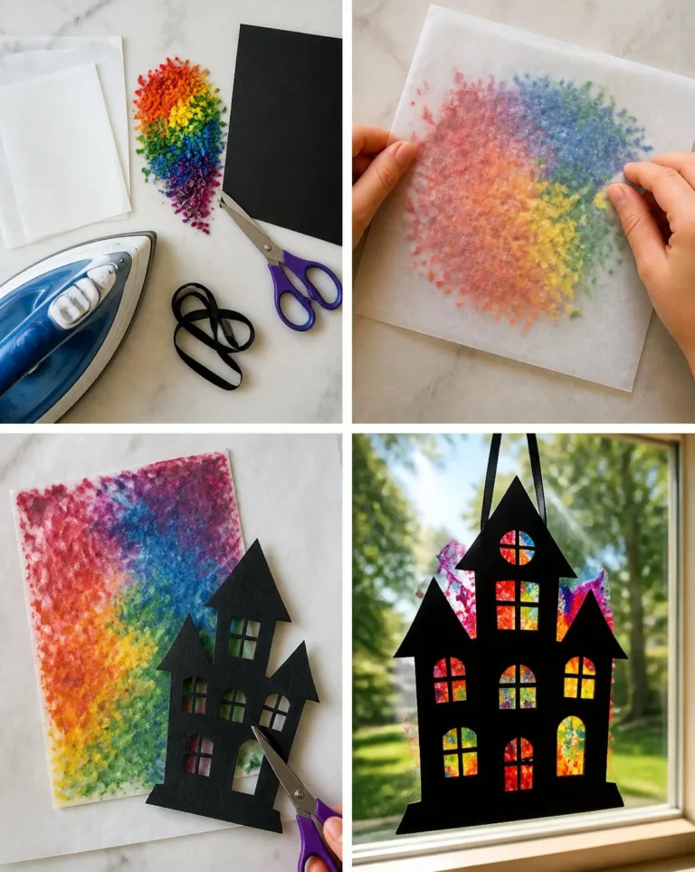 Colorful DIY rainbow crayon suncatcher for Halloween haunted house decoration