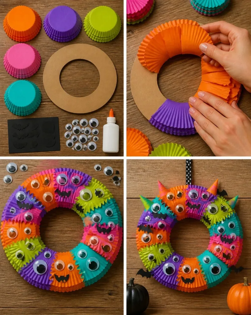 DIY Rainbow Cupcake-Liner Halloween Monster Wreath for festive decor