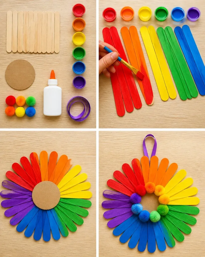 DIY Rainbow Daisy Wheel Craft made with colorful popsicle sticks