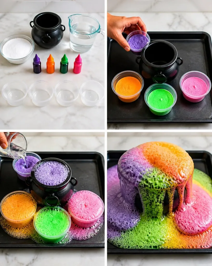 Kids enjoying a DIY rainbow fizzing cauldron science experiment.