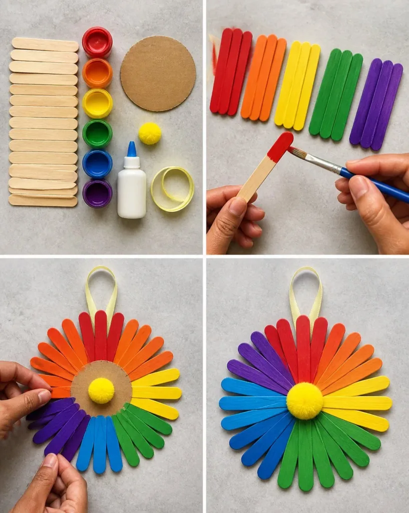 DIY Rainbow Flower Wheel crafted from colorful popsicle sticks