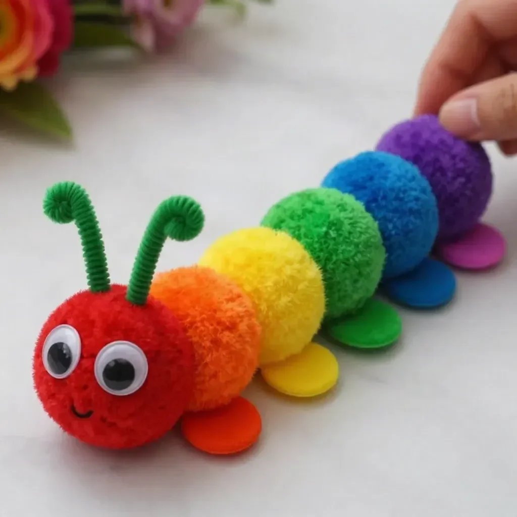Colorful DIY Rainbow Pom-Pom Caterpillar craft for garden decoration