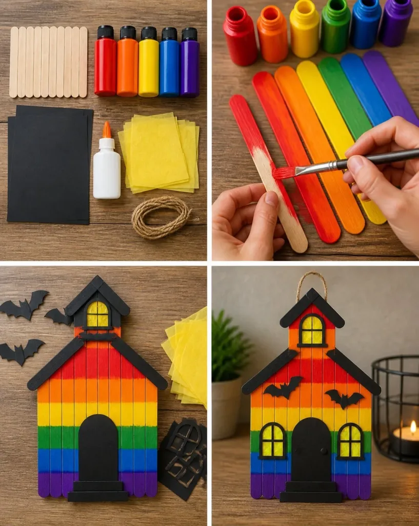 Colorful DIY Rainbow Popsicle Stick Haunted Schoolhouse Craft for Halloween
