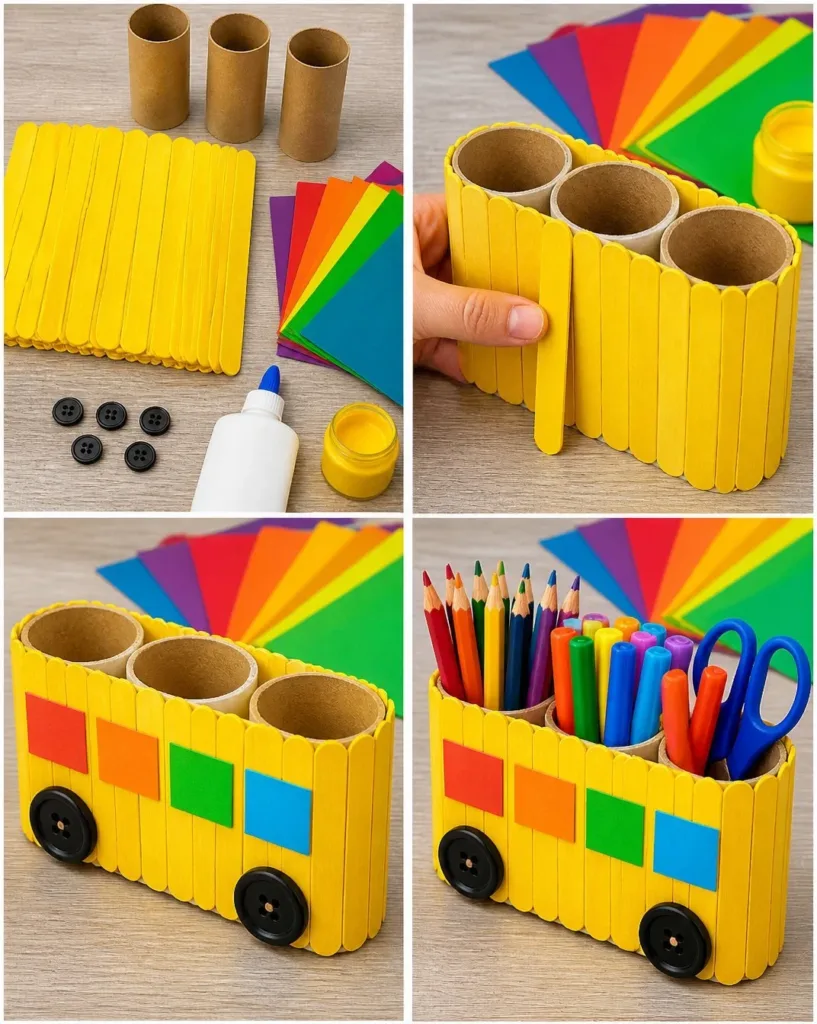 DIY rainbow popsicle stick school bus organizer for school supplies.