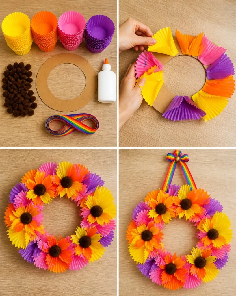 DIY sunflower wreath made from colorful cupcake liners for home decoration.