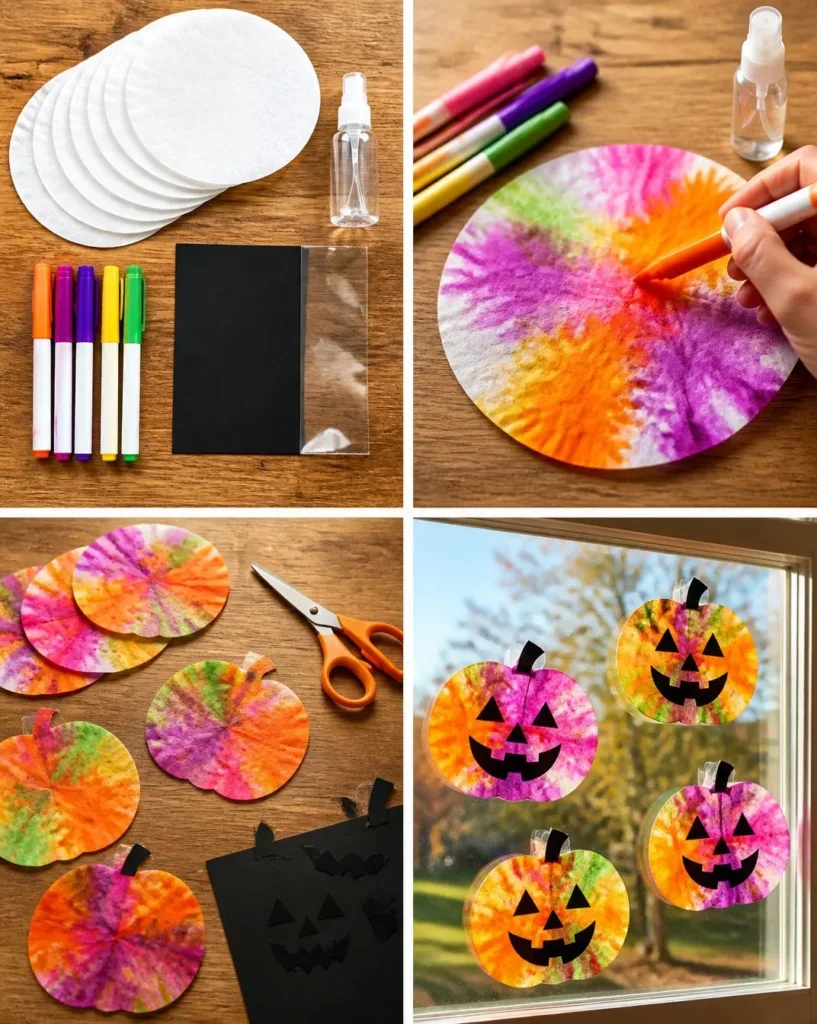 DIY tie-dye coffee filter pumpkin suncatchers hanging in a window