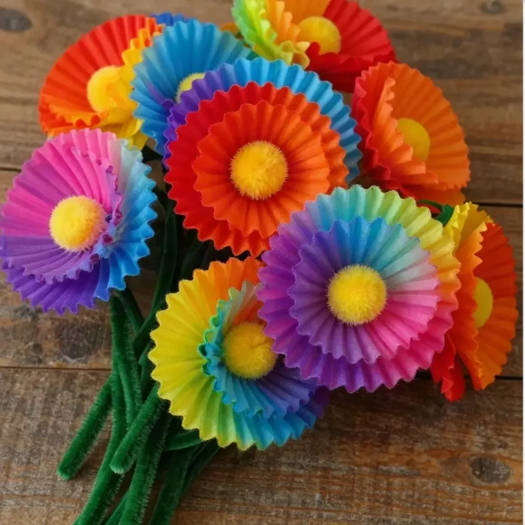 DIY tropical flower bouquet made with rainbow cupcake liners