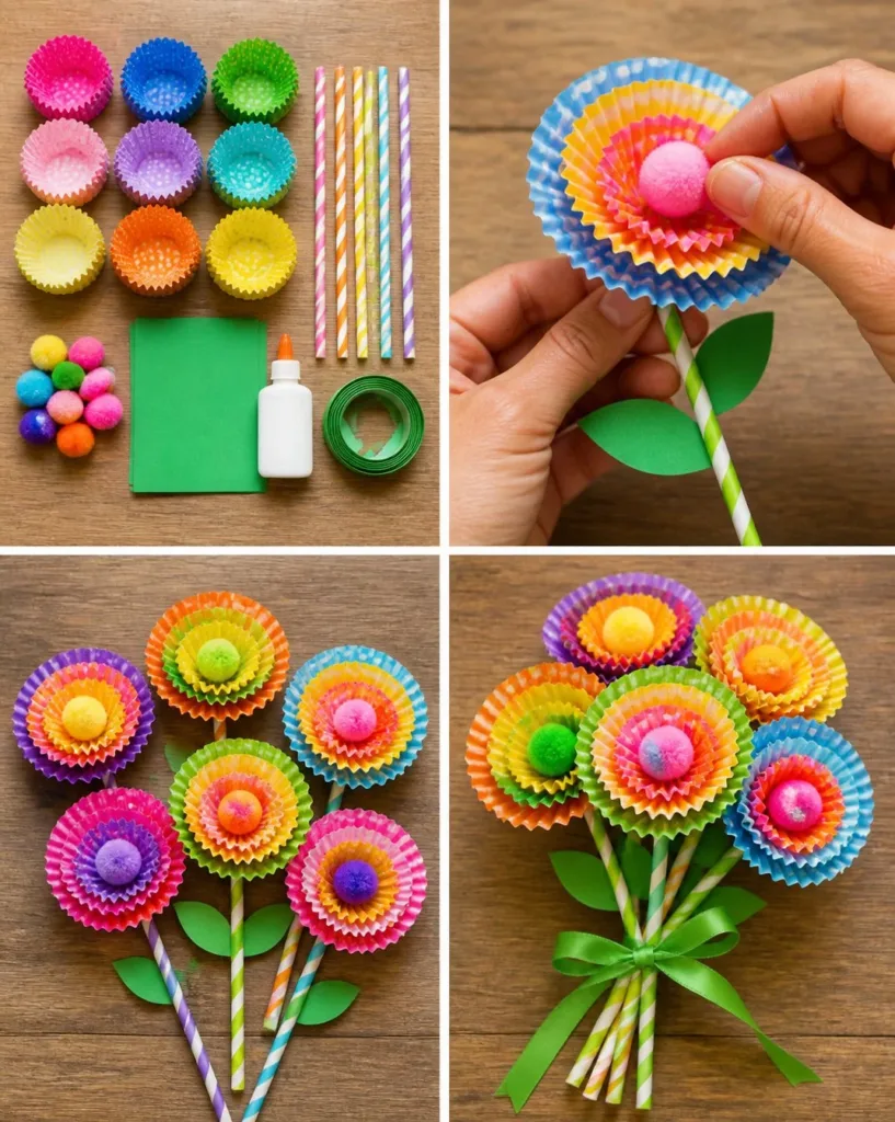 Colorful DIY cupcake-liner paper flowers for a beautiful handmade bouquet