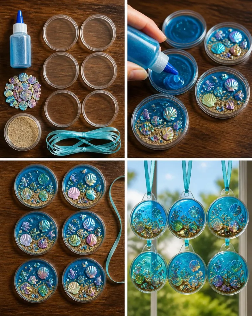 Eco-friendly ocean suncatchers crafted from recycled lids for sustainable decor