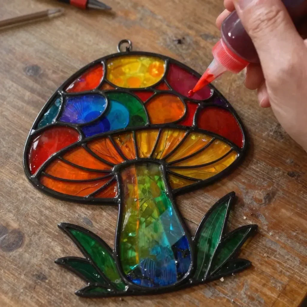 DIY faux stained-glass mushroom craft project for home decor