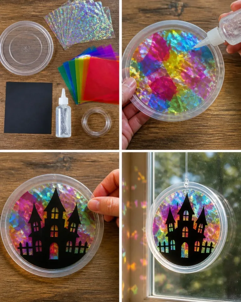 Holographic haunted house window suncatcher decoration for Halloween