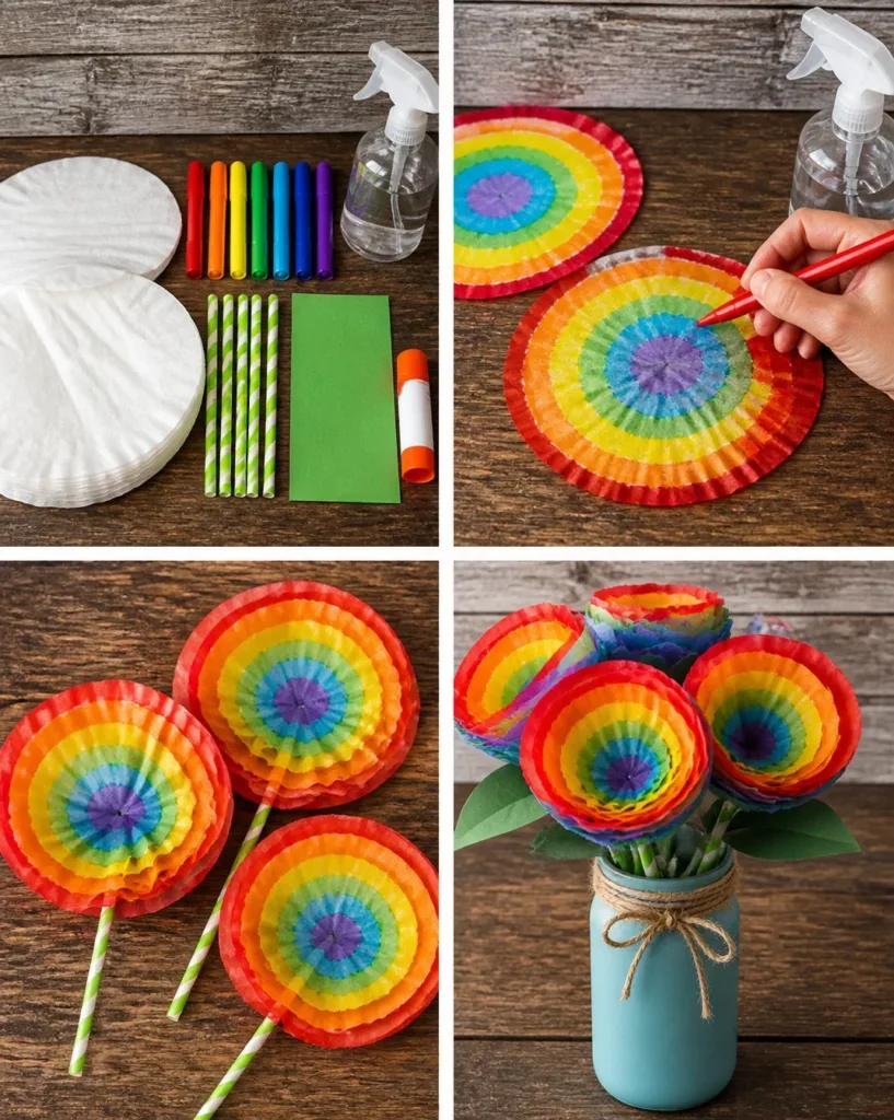 Colorful rainbow apple bouquet crafted from coffee filters
