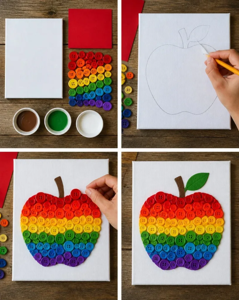 Rainbow Apple Button Mosaic craft project with colorful buttons and apples