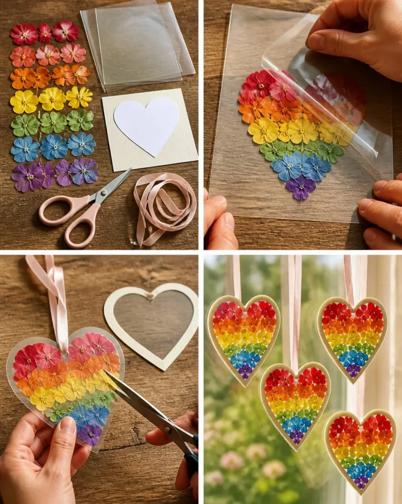 Vibrant rainbow hearts made with pressed flowers for colorful decor.