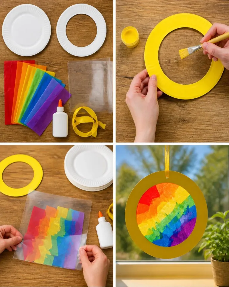 Colorful rainbow sun catcher made from paper plates hanging in a window