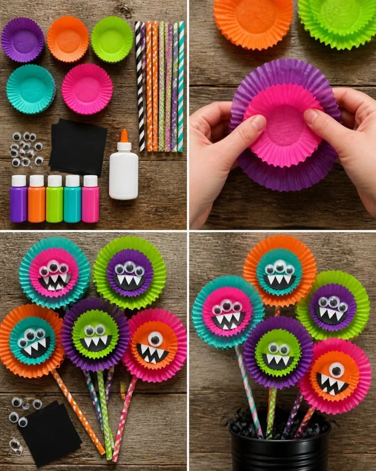 Colorful cupcake liner monster flowers made from vibrant paper liners.