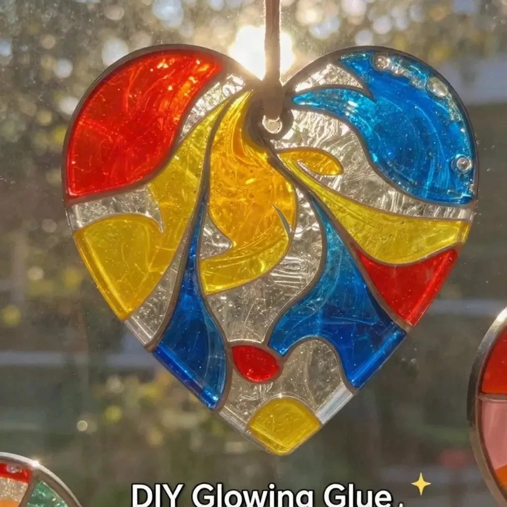 Colorful DIY glue suncatchers hanging in a sunny window