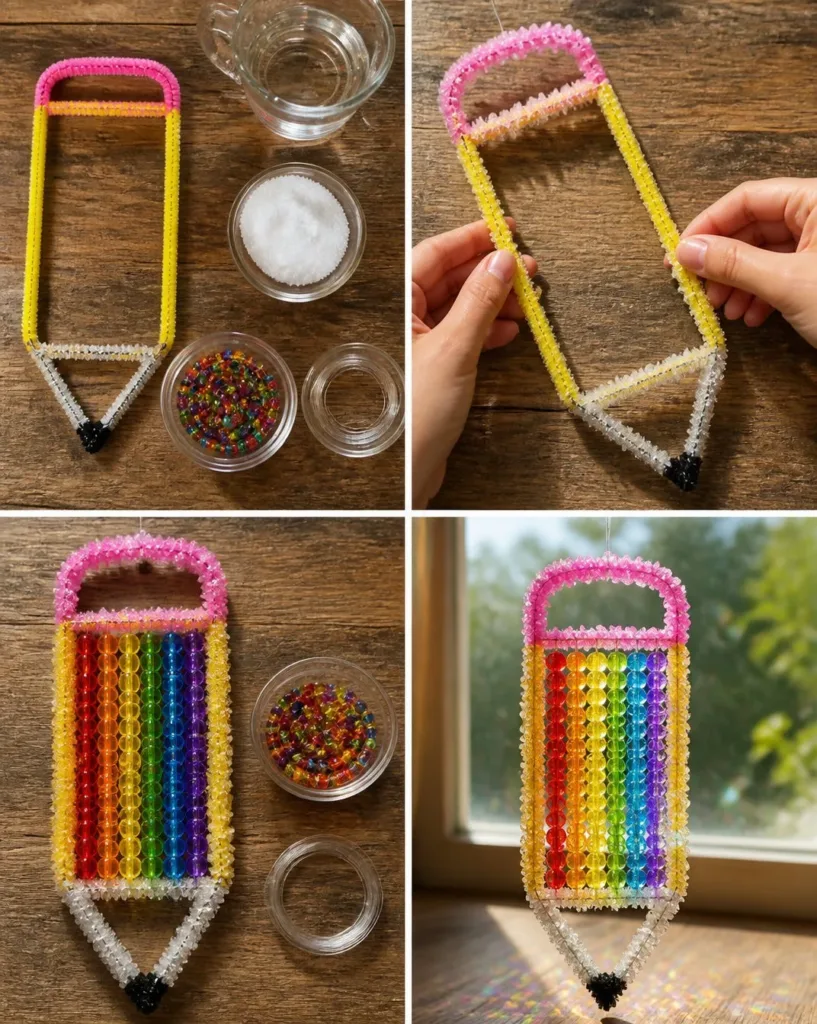 Iridescent pencil-shaped crystal sun catcher with rainbow hues