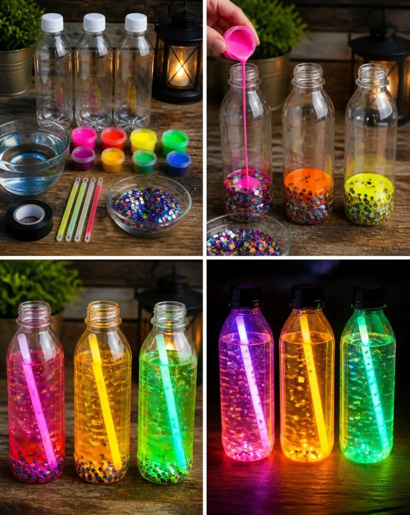 Colorful luminous rainbow potion bottles for enchanting party decor.