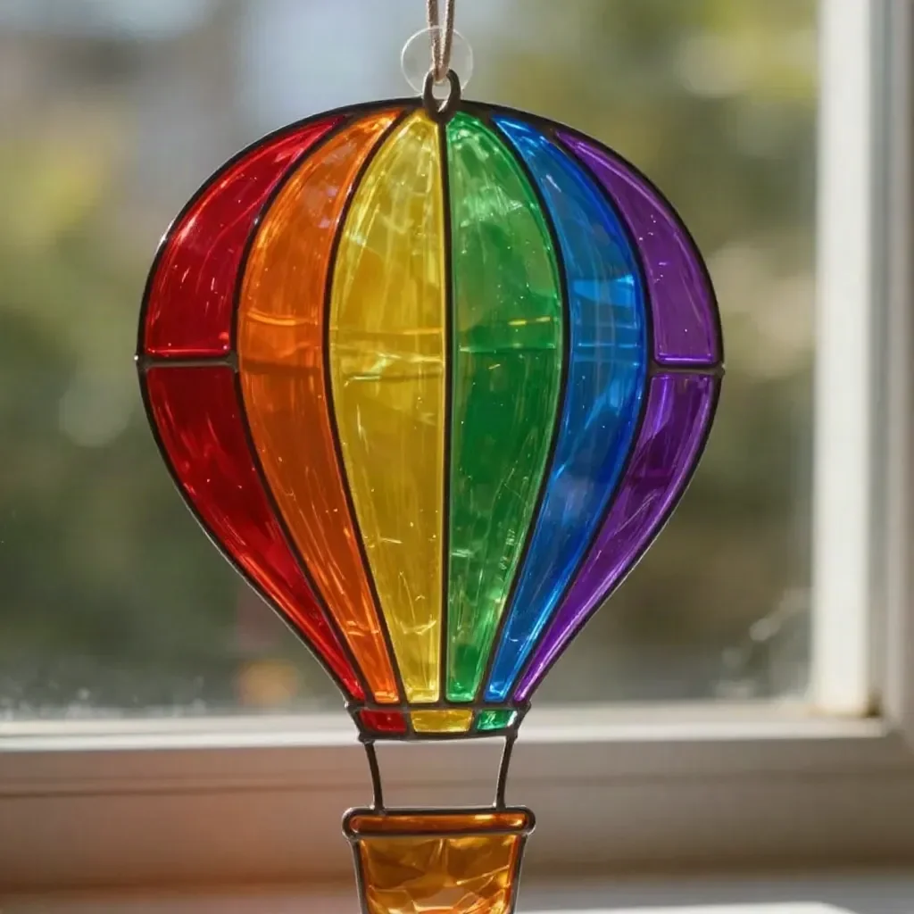 Prismatic rainbow balloon window suncatcher creating vibrant light reflections.