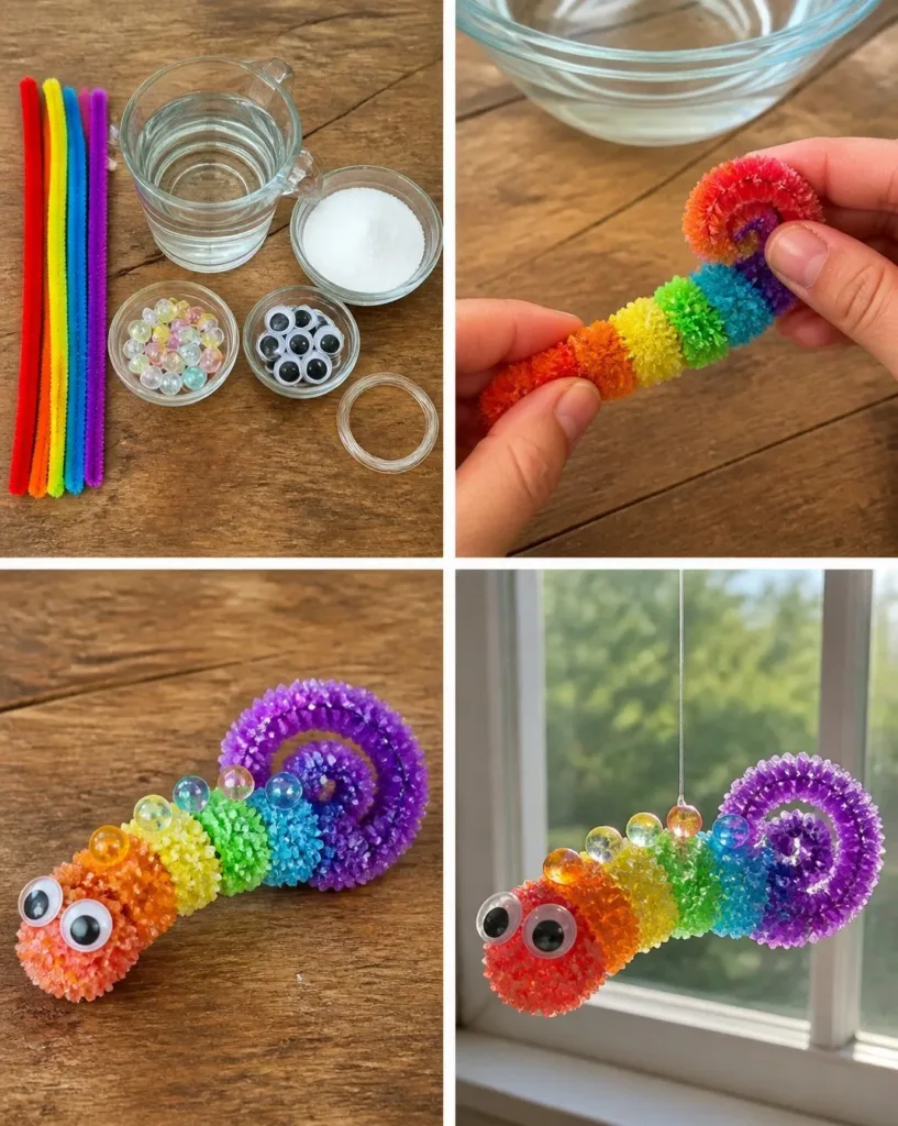 Rainbow Crystal Bookworm Window Charm - Glittery bookish decor for bibliophiles.