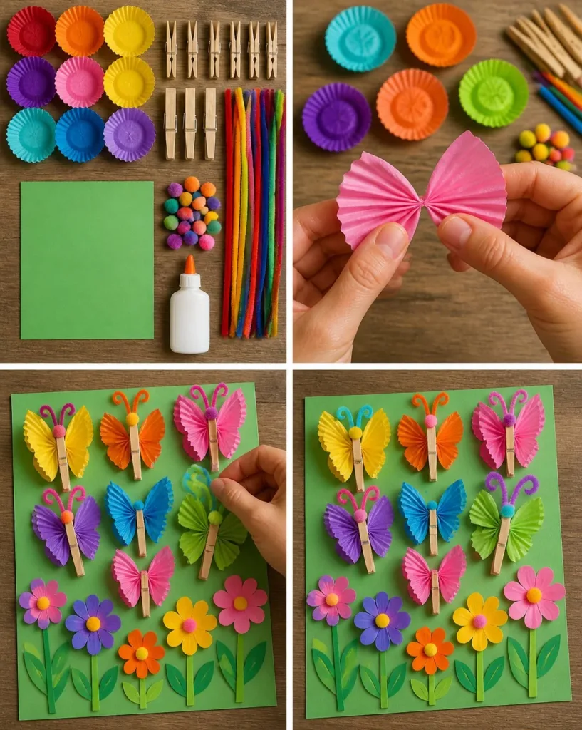 Colorful butterfly garden ideas with rainbow cupcake liners