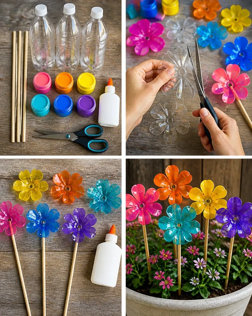 Colorful rainbow garden stakes made from recycled bottles for eco-friendly gardening.