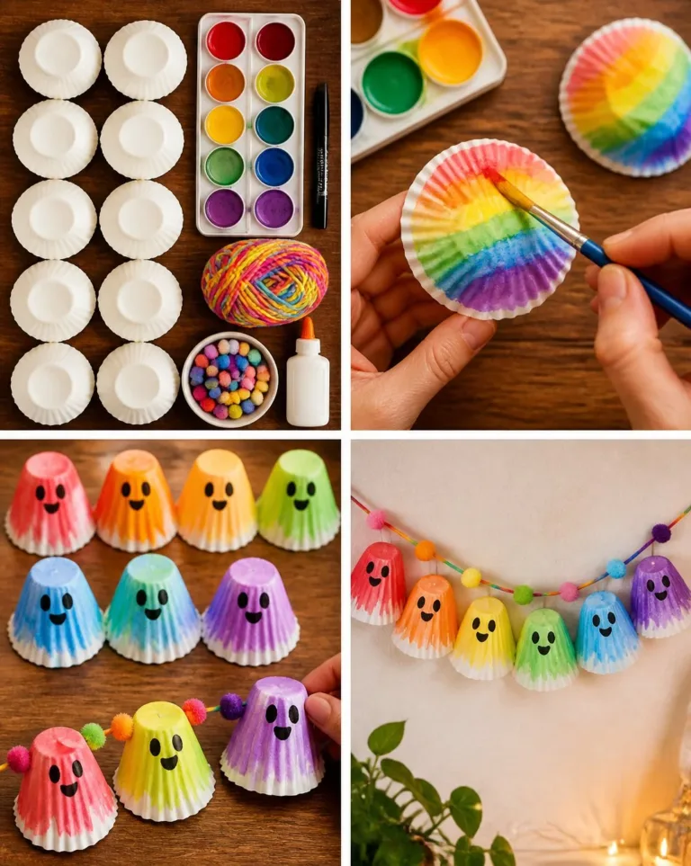 Rainbow ghost cupcake liner garland for DIY Halloween party decor