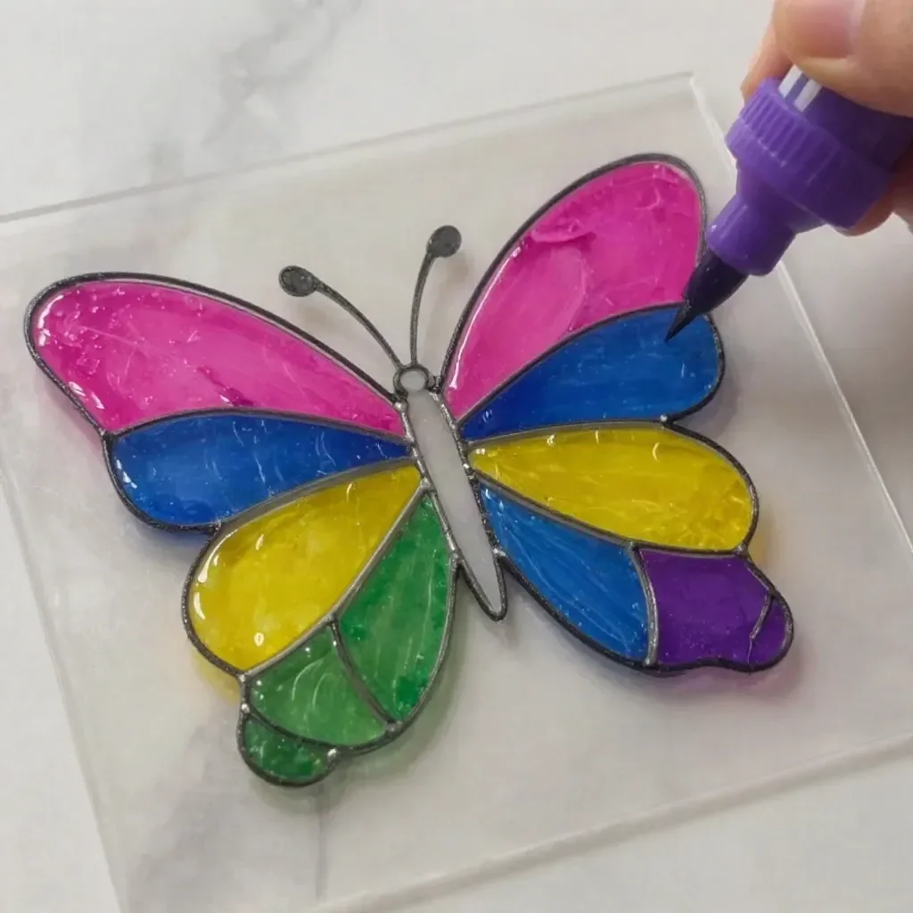 Colorful butterfly suncatcher craft made with rainbow glue for kids.